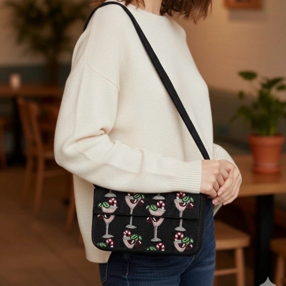 Anthropologie Fiona food & drink edition: Black Cocktail Motif Shoulder Bag NWOT - Picture 2 of 10